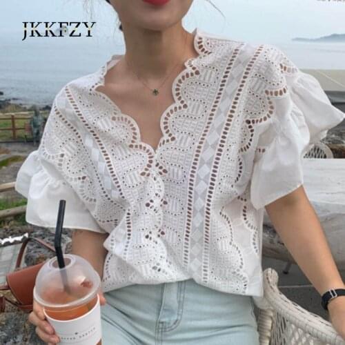 Retro V-Neck Lace Hook Flower Hollow Out Loose Ruffle Feifei Sleeve Blouses & Shirt Women Summer Fashion Casual White Tops
