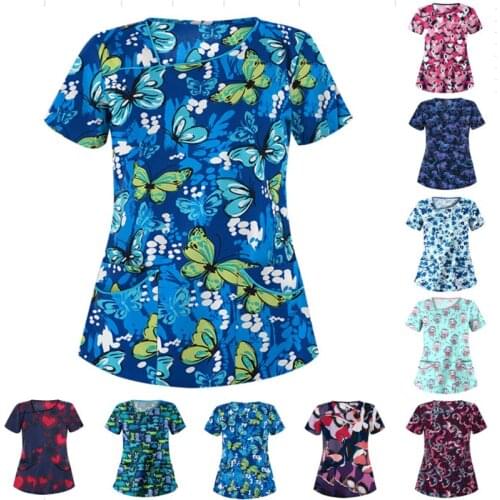 Hospital Uniform Women Short Sleeve V-neck Animal print Tops Nursing Working Uniform T-shirts 2021 Summer sanitary clogs