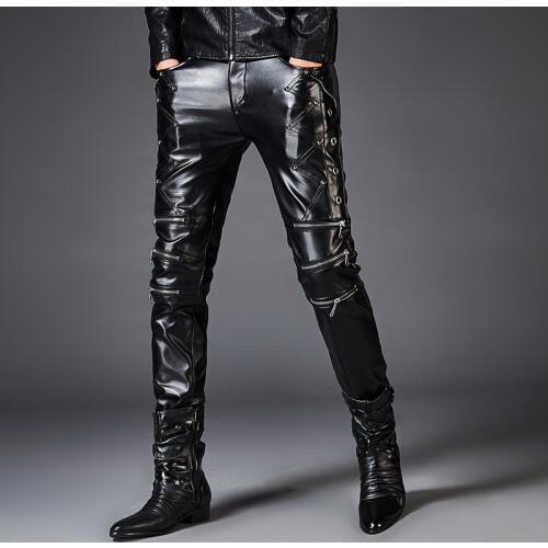 PU Faux Leather Pants For Men Brand Black Fashion Motorcycle Streetwear Punk Hip HOP Bike Trouesr
