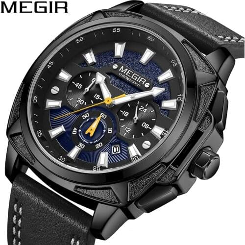 MEGIR Sport Watches Men Top Brand Luxury Military Leather Black Watch Waterproof Man Clock Fashion Chronograph Quartz Watches