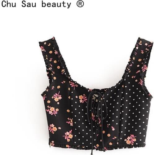 Chu Sau beauty Women Summer Crop Top Sexy Vacation Slim Printed Polka Dot Stitching Chest Strap Elastic Suspender Tops Blouse