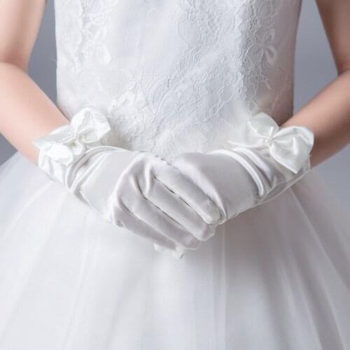 Flower Girl Satin Gloves Wrist Length with Bow Special Occasion Gloves for Wedding Party