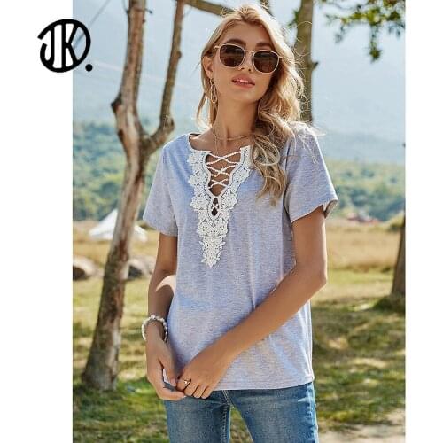Elegant Lace Stitching V-neck T Shirt Ladies Short-sleeve Sexy Tie Pullover Summer Solid Color T-shirt For Women Loose Basic Top