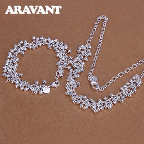 Hot Sale 925 Silver Jewelry Set Fashion Smooth Grapes Beads Ball Bracelet Necklace For Women Wedding Accessory