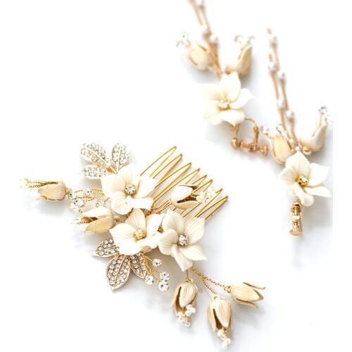 White Enamel Floral Bridal Hair Comb Rhinestone Hair Clip Gold Leaf Wedding Headpiece Bridal Hair Accessories