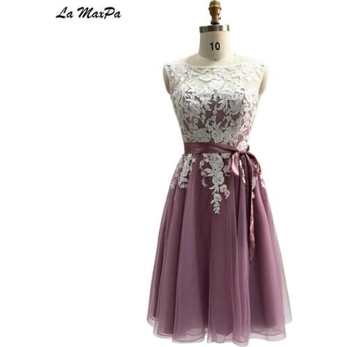 Boat Neck Lace Top Purple Short Bridesmaid Dress CMT105