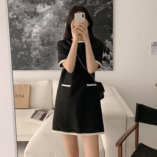 Pocket Mini Dress Black Elegant O-neck Short Sleeve Korean Style Ladies Clothing Sweet elegant office robe