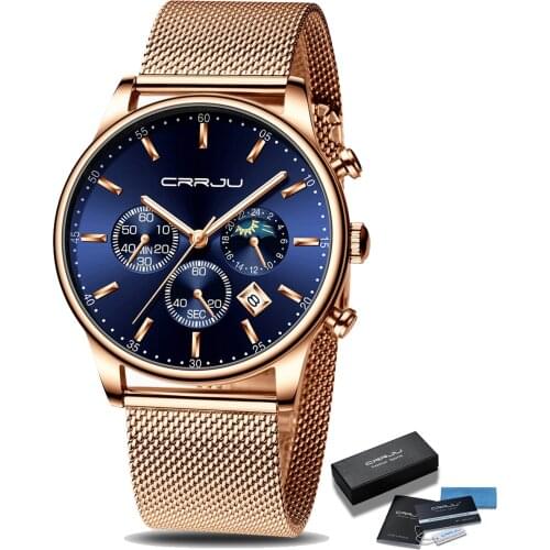 Mens Watches CRRJU Mens Fashion Casual Waterproof Quartz Watches Male Rose Gold Sport Mesh Belt WristWatch Relogio Masculino