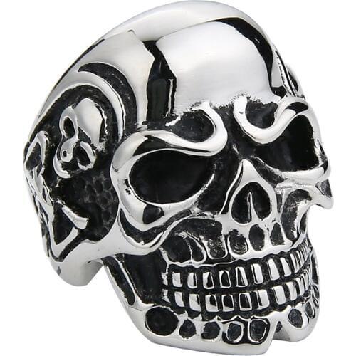 Valily Jewelry Mens Black Skull Ring Stainless Steel Punk Gothic Biker Skull Bone Rings For Men Silver Black band ring Jewelry