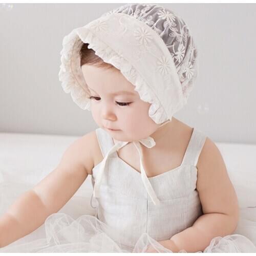 New Bonnet with Lace Kids Girl Photography Prop Nordic Vintage Pattern Toddler Flower Retro Children Christening Baptism Cap