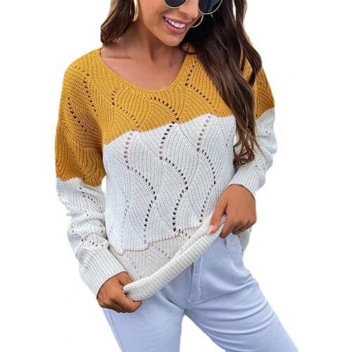 2021 Autumn Women Sweater Pullovers Striped Color-Blocking Patchwork Hollow Knitwear Casual Pullover Sweaters Tops Woman Clothes