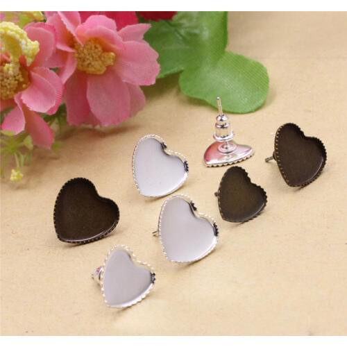 Fit 10mm 12mm Heart Cabochons Copper Silver Bronze Earrings Bezel Blank Tray Cabochon Ring Base For DIY Making 50pcs/lot K06080