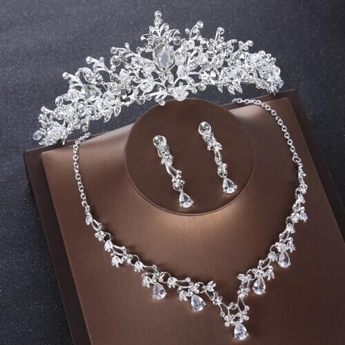 Baroque Luxury Silver Color Crystal Heart Bridal Jewelry Sets Necklaces Earrings Tiaras Crown Wedding Beads African Jewelry Sets