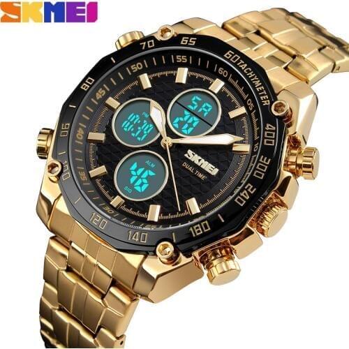 SKMEI Luxury Mens Watches Gold Quartz Watch Analog Digital Sport Stopwatch Alarm Military Watch Waterproof Casual LED WristWatch
