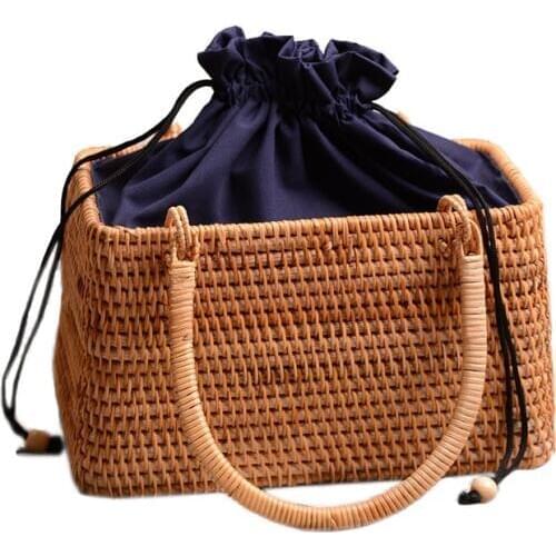 Women Straw Bags Female Summer Beach Weave Handbag Lady Handmade Bamboo Vintage Bag Portable Retro Lining Bag Tote SS3145