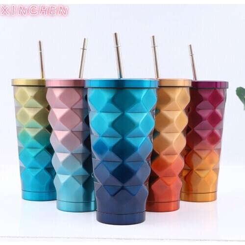 XINCHEN 500ML double diamond stainless steel vacuum flask with straws coffee beverage cold vacuum flask hot water cup