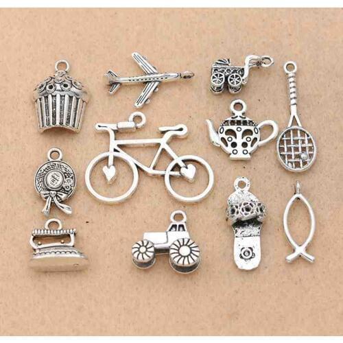Tibetan Silver Plated Bicycle Plane Car Fish Slipper Charms Pendants Bracelet Jewelry Diy Jewelry Findings Mixed Styles 11pcs