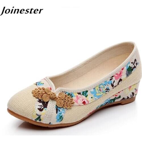 Women Cotton Flax Slip-on Retro Wedge Loafers Ladies Low Heeled Round Toe Casual Pumps Traditional Button Dance Shoes for Female