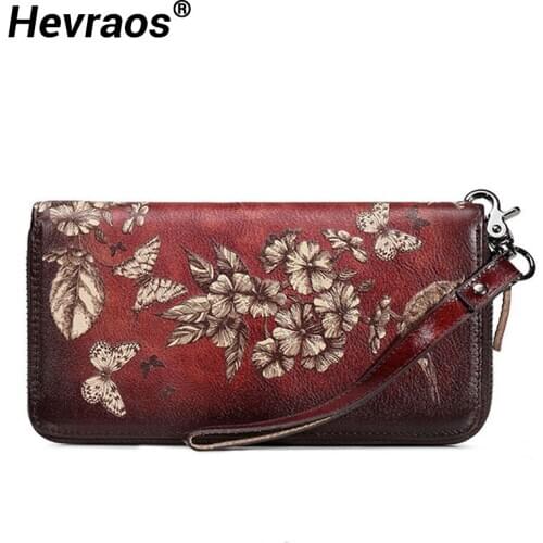 Genuine Leather Women Wallet Ladie Long Clutch Bags Floral Wallets Zip Rfid Card Holders Coin Purse Large Capacity Female Purses