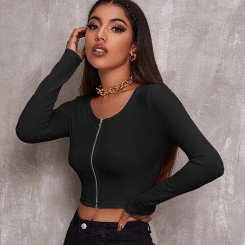 2021 Autumn and Winter Tops Women Retro Tight Sexy Zipper Sweater Short Cardigan Long-sleeved T-shirt Temperament V-neck Top