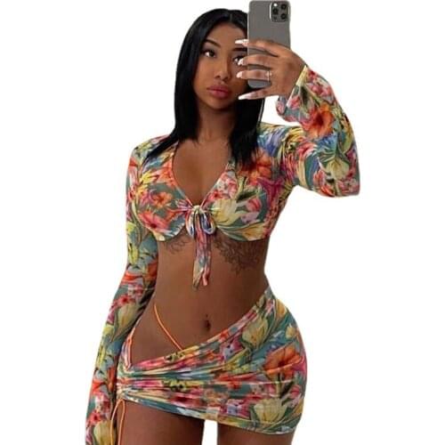 Floral Printed Mesh Sexy Top and Skirts Sets Summer Outfits Rave Party Club Wear 2 Piece Set Female Beach Vacation Fashion Set