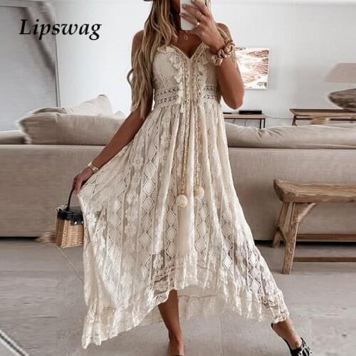 Elegant Tassel V Neck Women Long Dress 2021 Summer Casual Sleeveless Strap Party Dress Sexy Hollow Out Crochet Lace Beach Dress