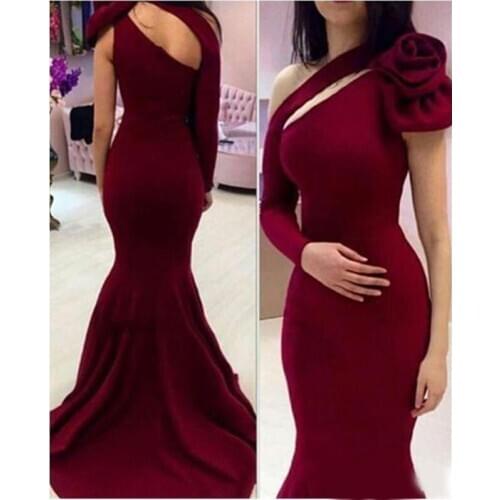 Elegant Burgundy Mermaid Prom Dresses Long One Shoulder Long Sleeve Abendkleider Red Carpet Celebrity Evening Dresses Robe De Ma