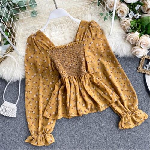 2020 Women Sweet Retro Square Collar Elastic Waist Chiffon Shirt Lady Long Sleeve Korean Fashion Clothing Blouse Y4582