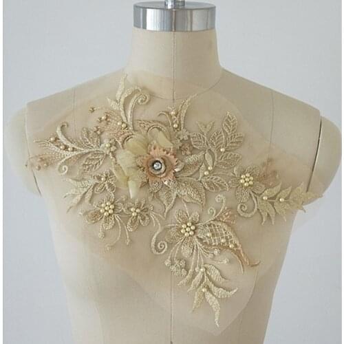 3D Handmake Beads Wedding Dress 3D Applique DIY Bridal Headdress Ivory Lace Collar Lace Fabric Patch