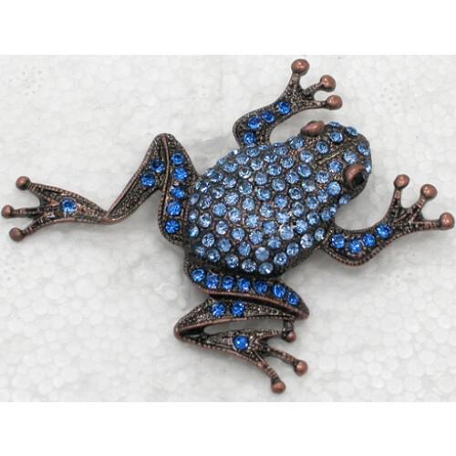 Antique copper Blue Rhinestone Frog Pin brooches C239 B3