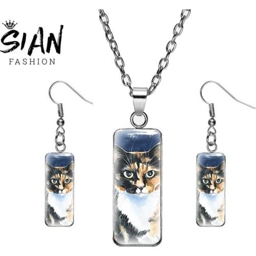 SIAN Cute Cat Pet Pendant Classic Animal Art Picture Jewelry Sets For Women Man Rectangular Necklace Earrings Glass Jewelry Gift