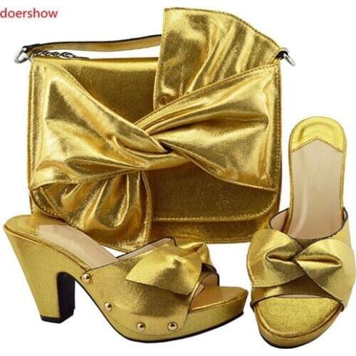Doershow gold shoes and bag set Italian shoe with matching bag best selling lady matching shoe and bag Italy shoe and bag!BF1-47