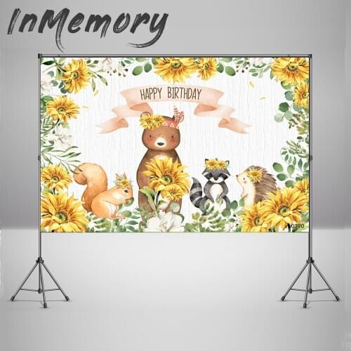 Photography Background Sunflower theme Cartoon Animals Woodland Happy Birthday Backdrop for Kids Boys Photo Studio Props
