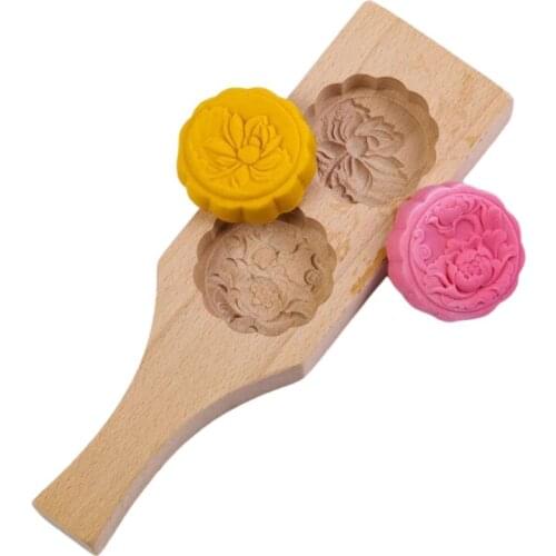 1 Pc 2 Flower Shape Mooncake Mold Chinese Traditional Mid-autumn Festival Moon Cake Mould Wooden Handmade Baking Tool for Muffin