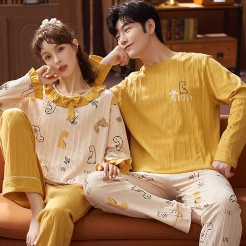 Cotton Winter Long Sleeve Couple Nightwear Sweet Yellow Doll Collar Women Sleepwear Couple Cute Cartoon Little Dinosaur Homewear