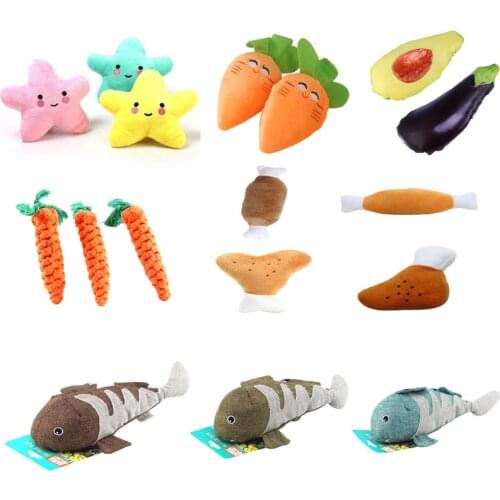 1pc Sounding Puppy Dog Chew Toy Fruit Vegetable Chicken Bone Squeak Toy for Cat Pets Plush Toys Red Eggplant Radish Fish Star