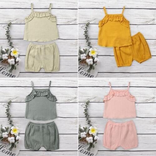 Baby Girls Clothing Sets Summer Baby Girls Sleeveless Sling Vest Tops +Shorts 2PCS Children Cotton Linen Clothes Suits 2021. New