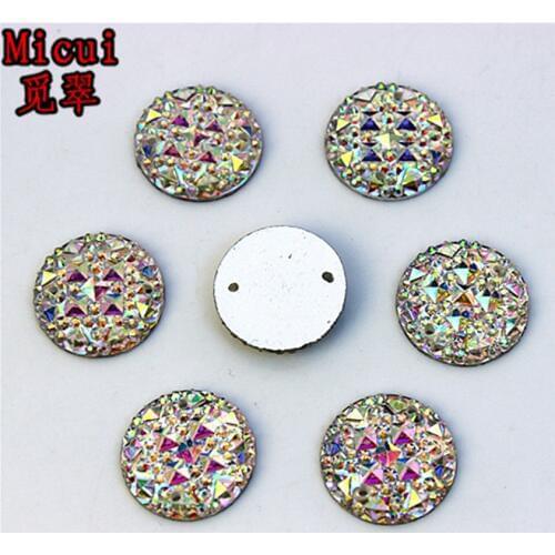 Micui 50PCS 18mm Crystal AB Resin Rhinestones Flat Back Beads Round Circle Shape Sew On 2 Hole For Clothes Dress Crafts ZZ81