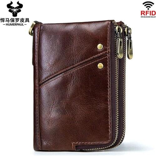 2021 Anti Theft Brush RFID Genuine Leather Mens Wallet Multifunctional Double Zipper Vertical Wallet Fashion Leisure Zero Walle