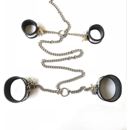 Metal Bondage Kit Chastity Device Sexy Neck Collar Handcuffs Shackles Ankle Cuffs Sex Slave BDSM Toys Restraints Set for Adults