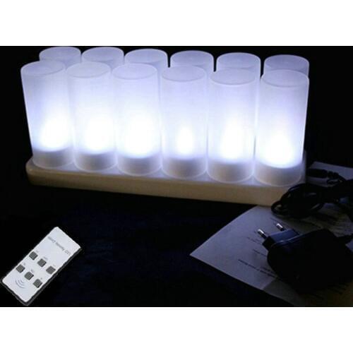 Set of 12 Rechargeable Led Candle Flameless Tea Light Glow lamp 6key w/Remote controller Waxless Christmas Valentine table-White