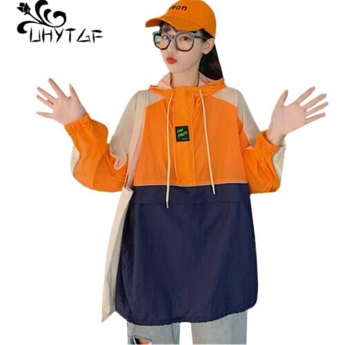 UHYTGF New women thin sunscreen clothing fashion stitching breathable summer tops coat elegant female short plus size jacket 891