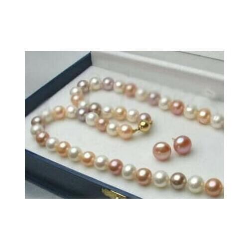 NEW Freshwater 7-8mm White Pink Purple Pearl Necklace 18''earing set NO BOX