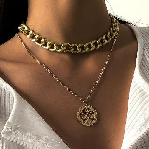 New Multilevel Vintage Striped Hollow Balance Round Pendant Necklaces For Women 2021 Fashion Female Thick Chain Jewelry Gift