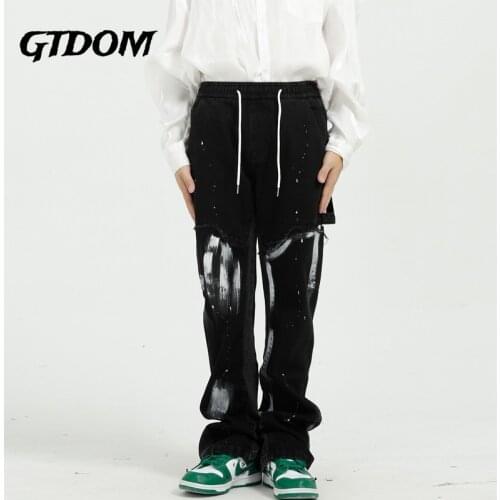 GTDOM Men Korean Personality Splash Ink Pain Elastic Waist Drawstring Full Length 2021 Four Seasons Color Matching Casual Jeans