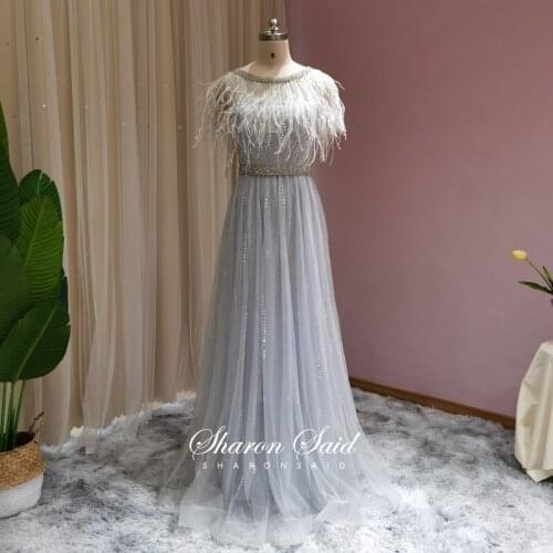 Luxury Crystal Feathers Silver Evening Dress 2021 Elegant Cap Sleeve Beading Dubai Formal Prom Dresses for Women Wedding Party