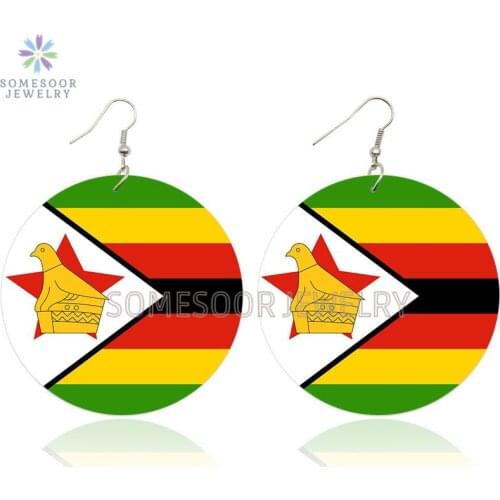 SOMESOOR Zimbabwe National Flag Printed African Wooden Drop Earrings Black Roots Ethnic Loops Dangle Jewelry For Women Gifts