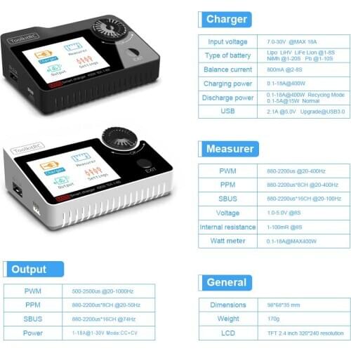 ToolkitRc M8s 400w 18A Color Screen Compact DC Charger & Measurement Device For 1-8S Lipo LiHV Life Lion NiMh Pb