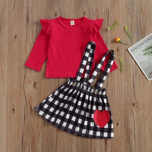Baby Girl Tops A-Line Skirt Long Sleeve Ruffle Shoulder Shirts Patchwork Heart Suspender Half-Dress 2pcs Suit Valentines Day