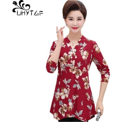 UHYTGF female T-shirt fashion printing elegant women autumn tshirt long sleeves Single-breasted pullover loose Plus Size top 850